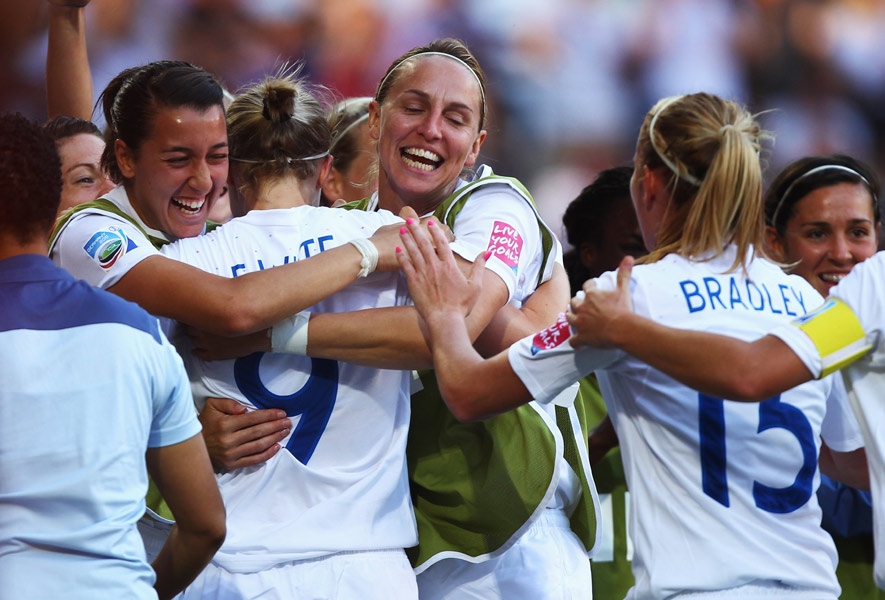 England players celebrate Ellen White's goal against Japan in the FIFA Women's World Cup 2011.